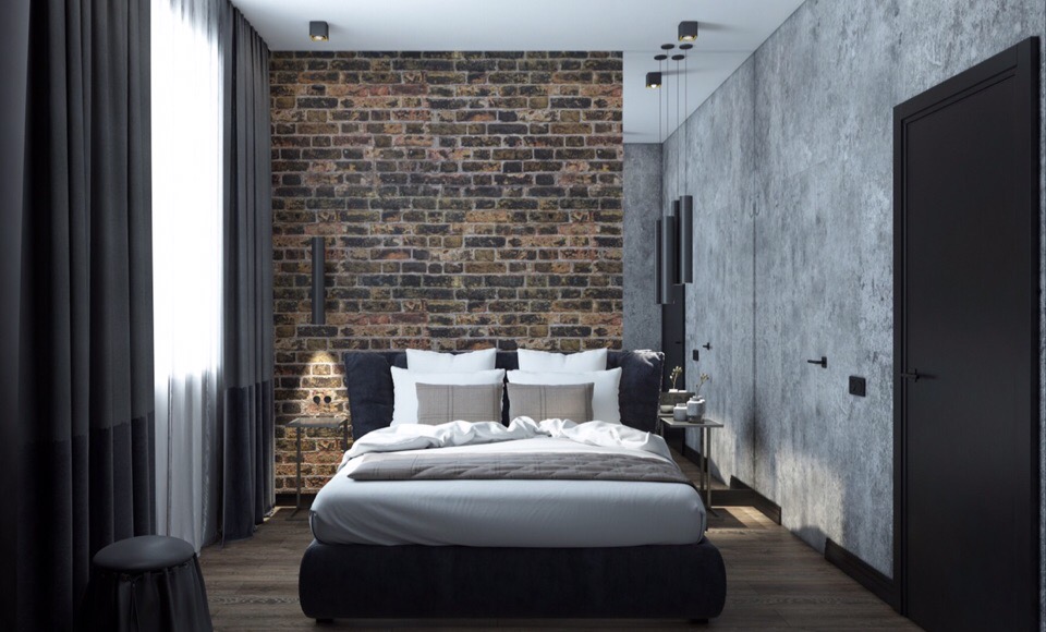 Пример сочетания оттенков серого, коричневого и бежевого в интерьере спальни.