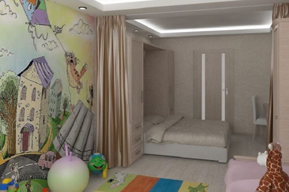 Взрослая спальня отделена от детской зоны шторой