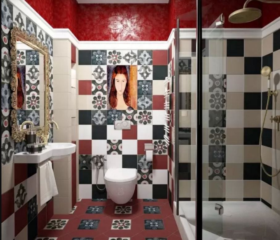 Насыщенная цветовая палитра и удачное сочетание стилей в ванной комнате отображает идею fusion