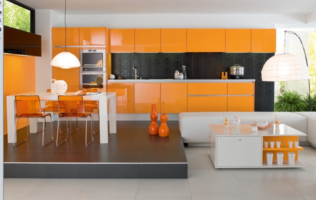 Сочетание черного и оранжевого цвета на кухне