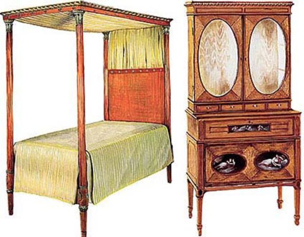 Кровать с пологом в стиле Шератона, XIX век, и антикварный элегантный шкаф