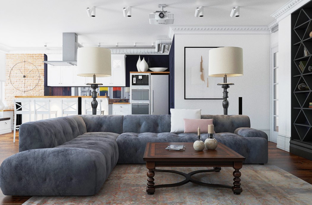 Серый диван в монохромном интерьере гостиной