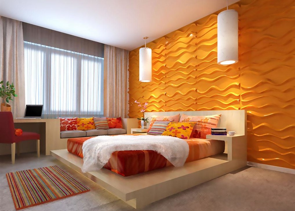 Яркие панели с эффектом объёма помогут создать в комнате акцентную стену