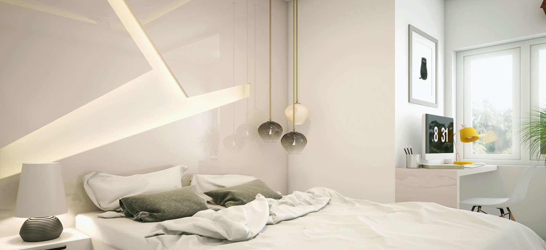 Темные светильники и подушки гармонируют с белой спальней