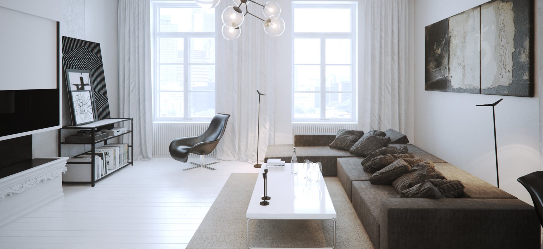 Использование коричневого и белого цвета в гостиной в стиле минимализм