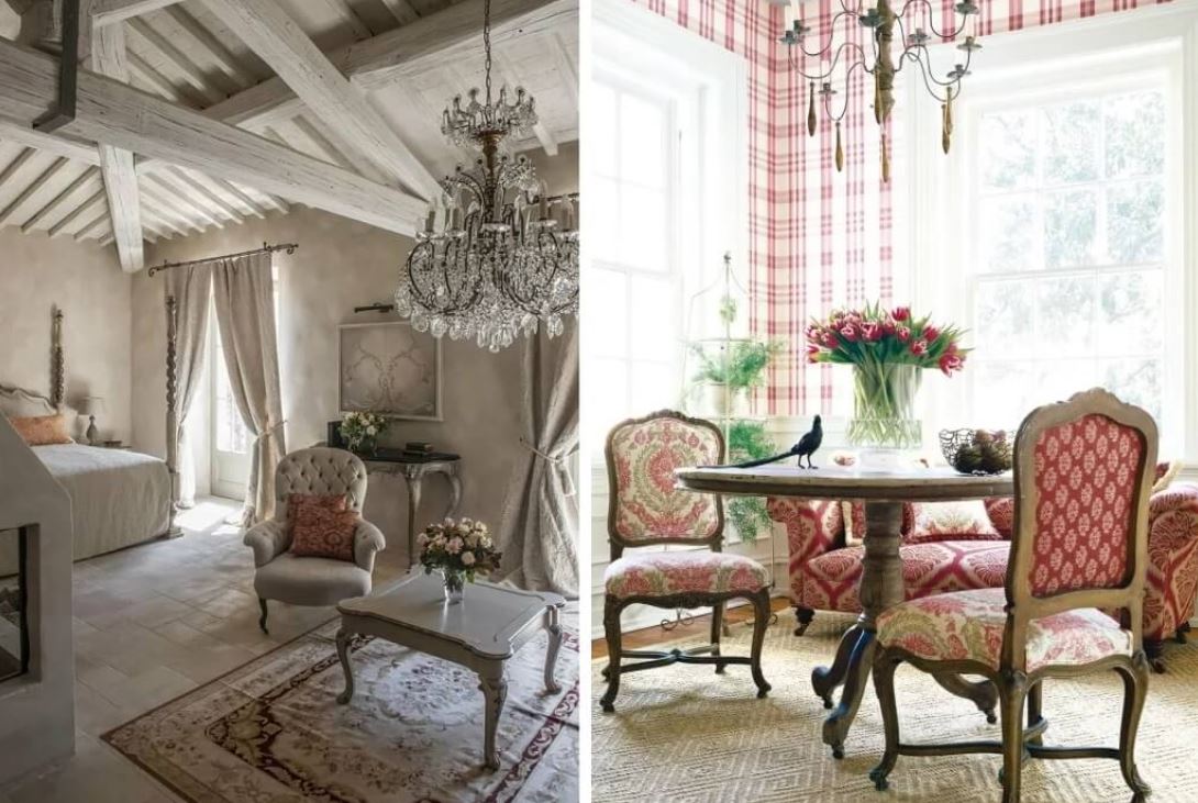 Цветы, ковры, люстры и другие элементы гостиной во французском стиле