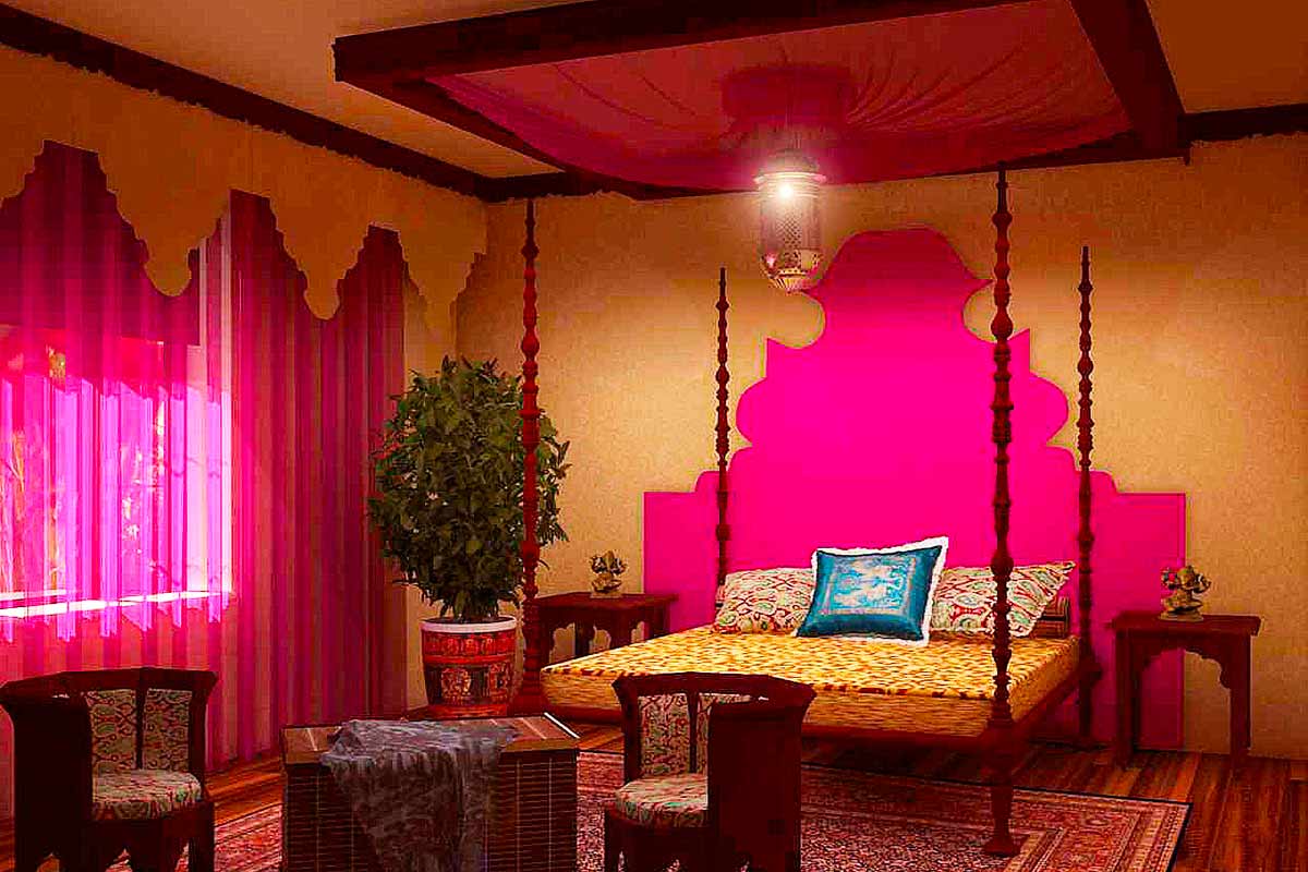 Спальня в индийских традициях, с вкраплением арабских мотивов.