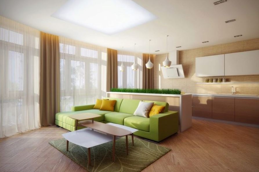 Нежно-зеленый цвет дивана отделяет зону готовки от места для отдыха
