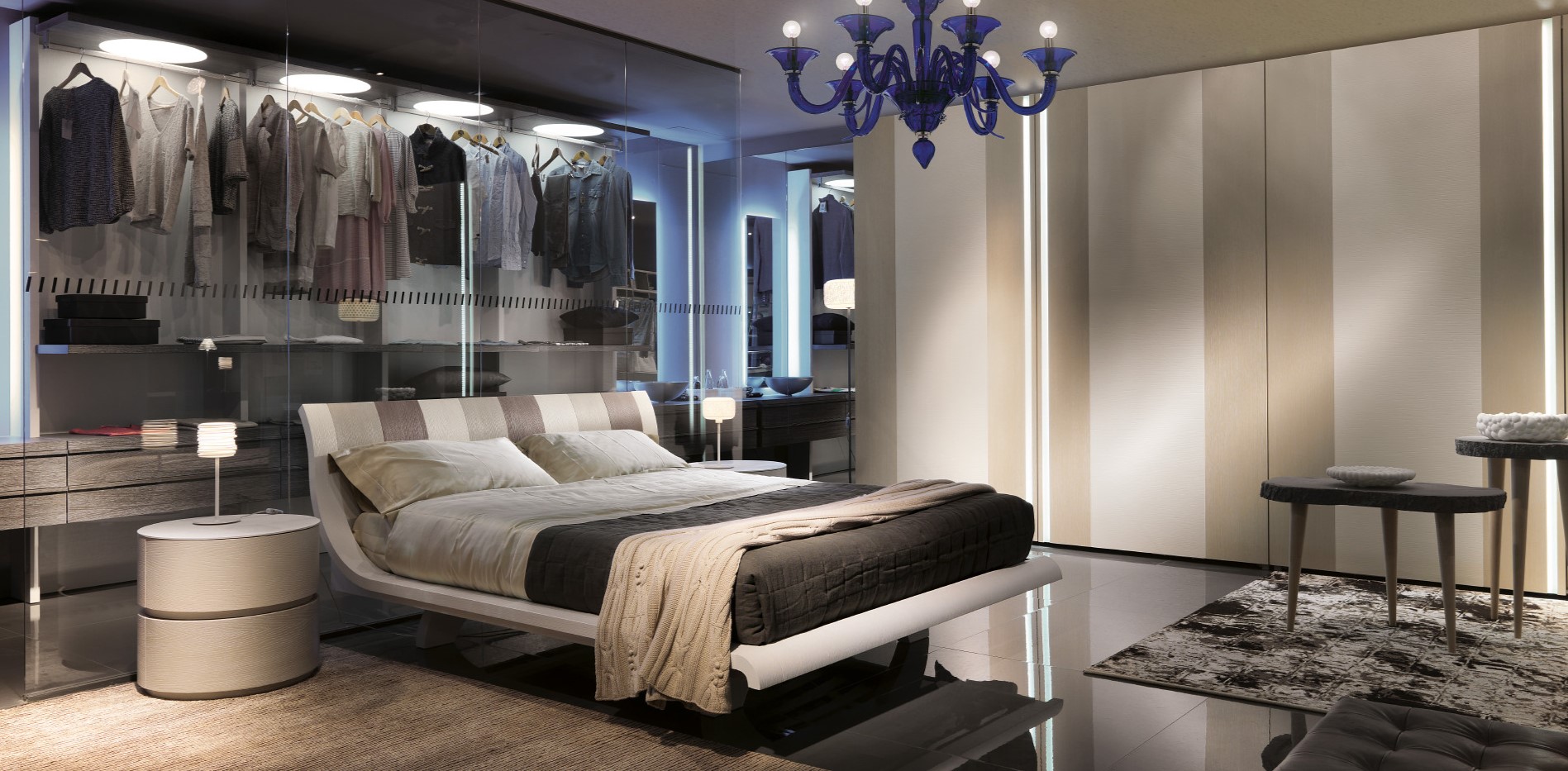Прозрачный шкаф для одежды в интерьере современной спальни