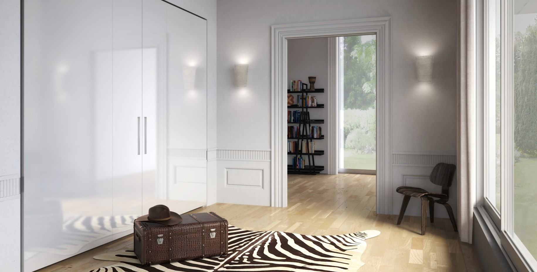 Встроенный белый шкаф гармонично сочетается с интерьером