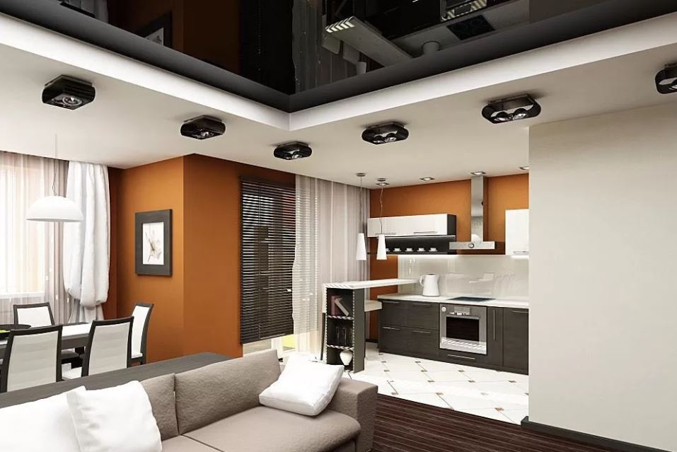 Черно-белый двухъярусный потолок в квартире-студии