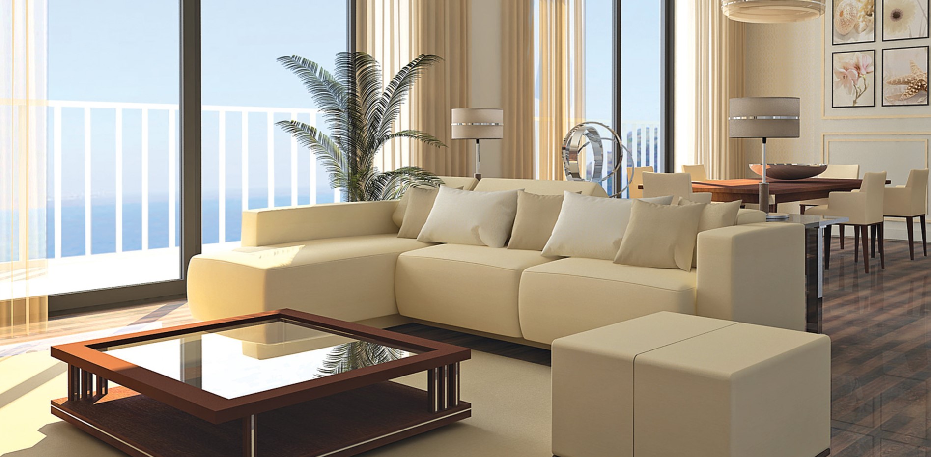 Светло-бежевый диван отлично подойдет для интерьера в стиле минимализм