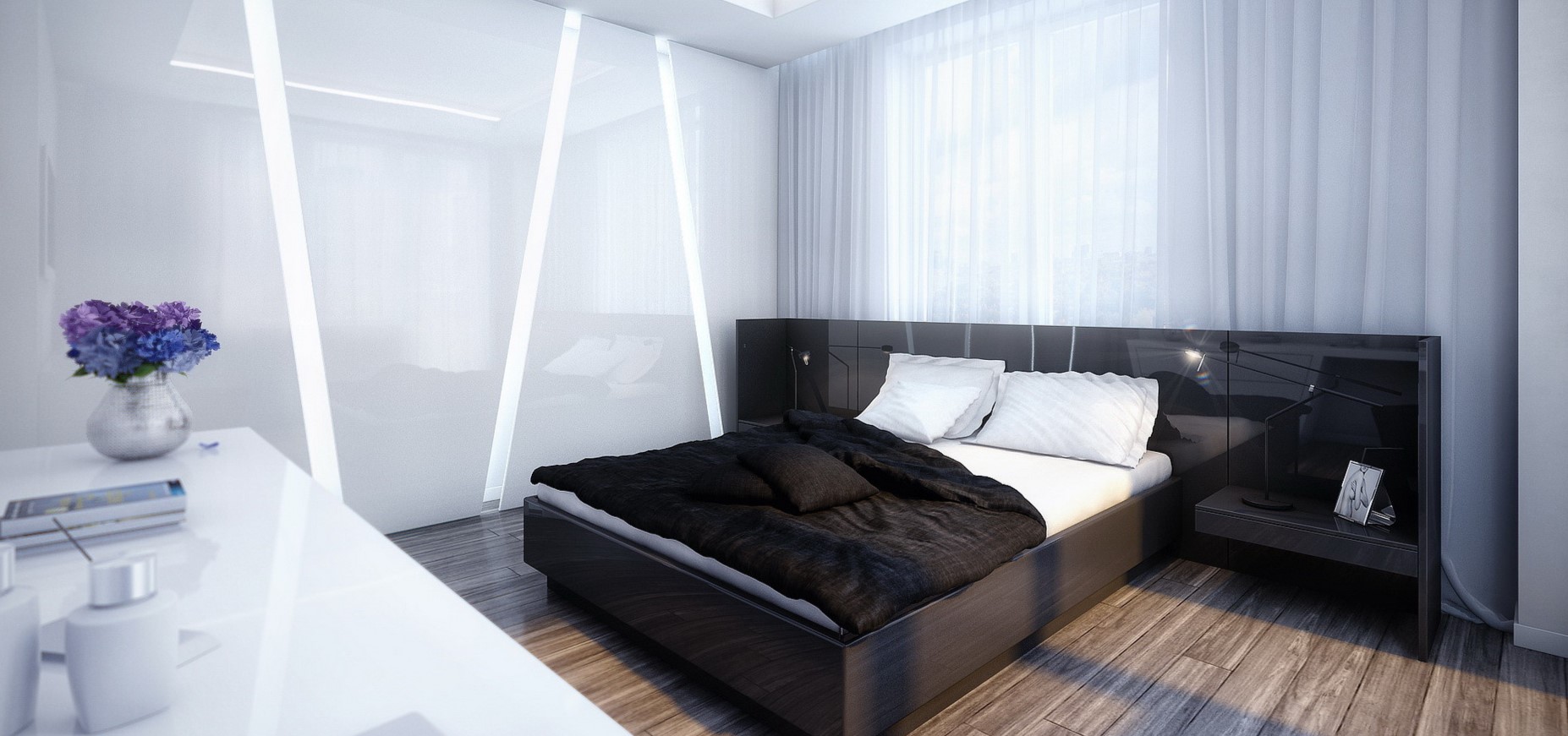 Интерьер современной спальни в стиле хай-тек