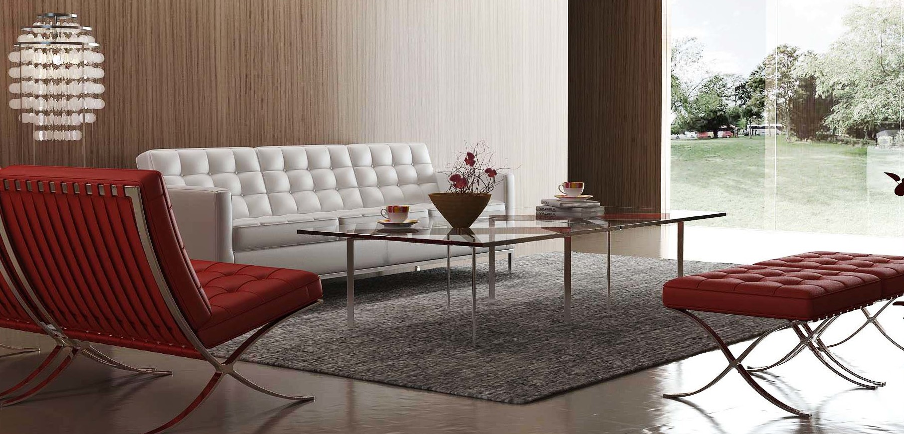 Красное кресло Barcelona идеально сочетается с белым диваном в гостиной