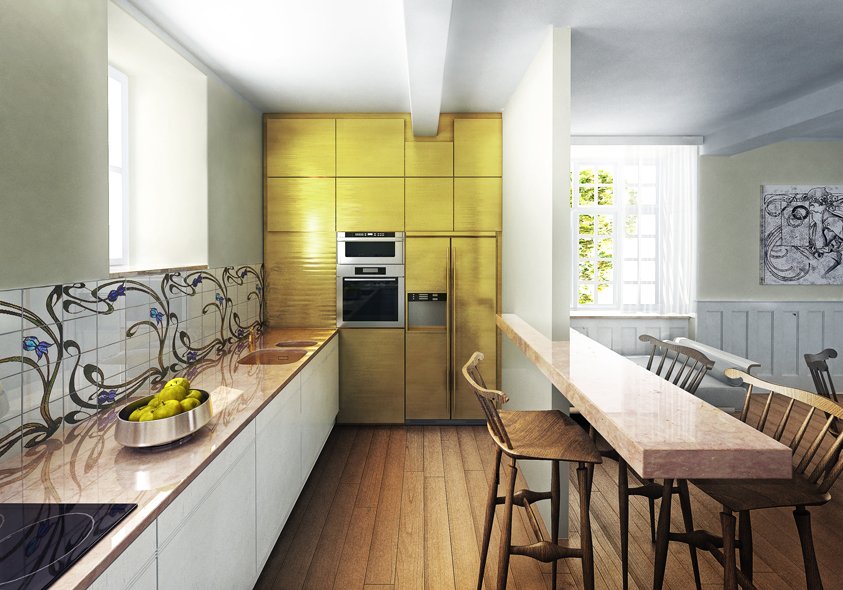 Пример современной кухни в стиле модерн, подчеркивает стиль растительный орнамент на рабочей стене.