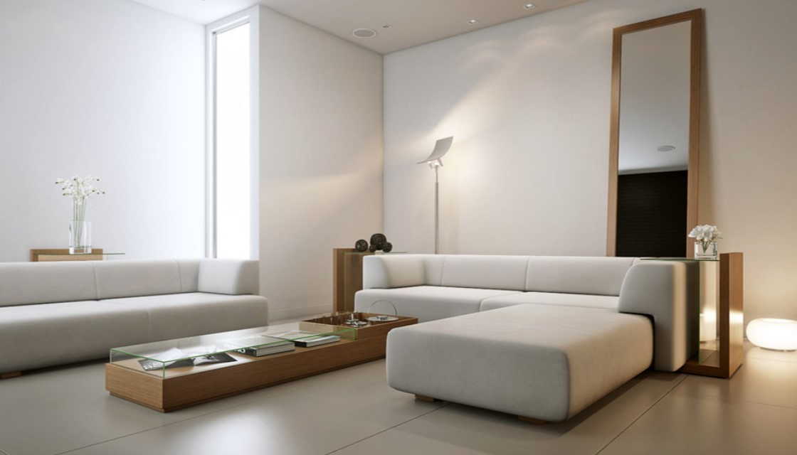 Белый диван отлично подходит под интерьер гостиной в стиле минимализм