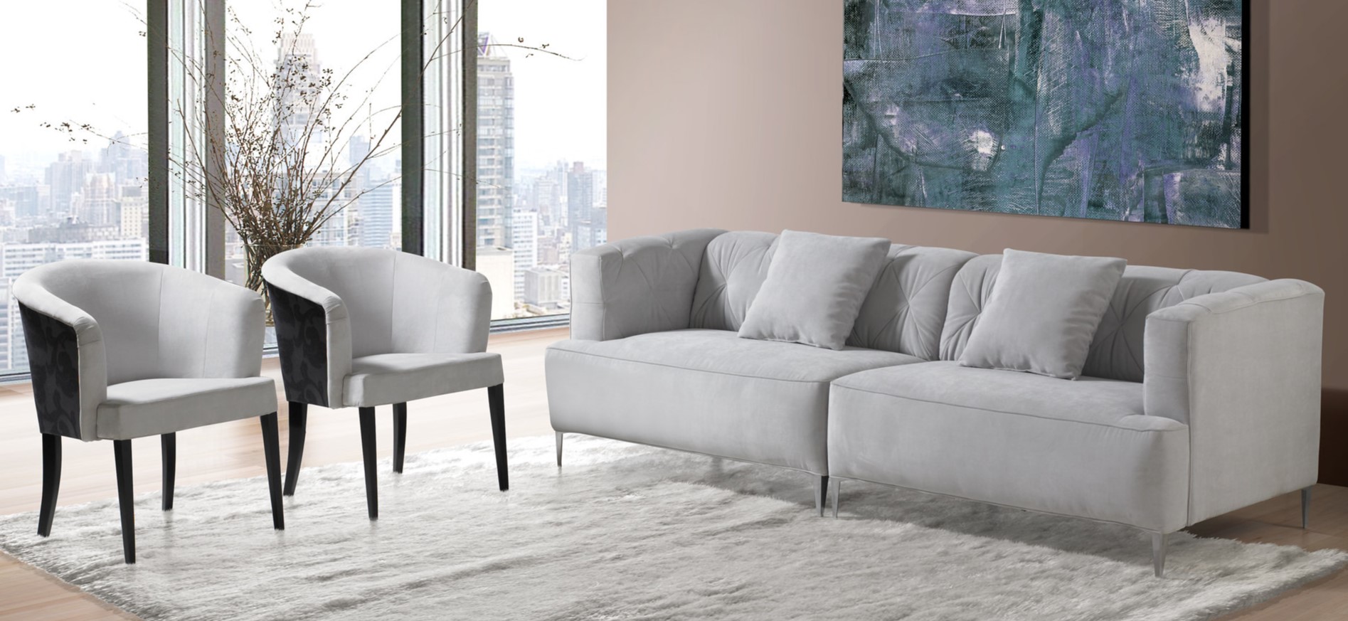 Под цвет обивки дивана можно подобрать стильные кресла для гостиной