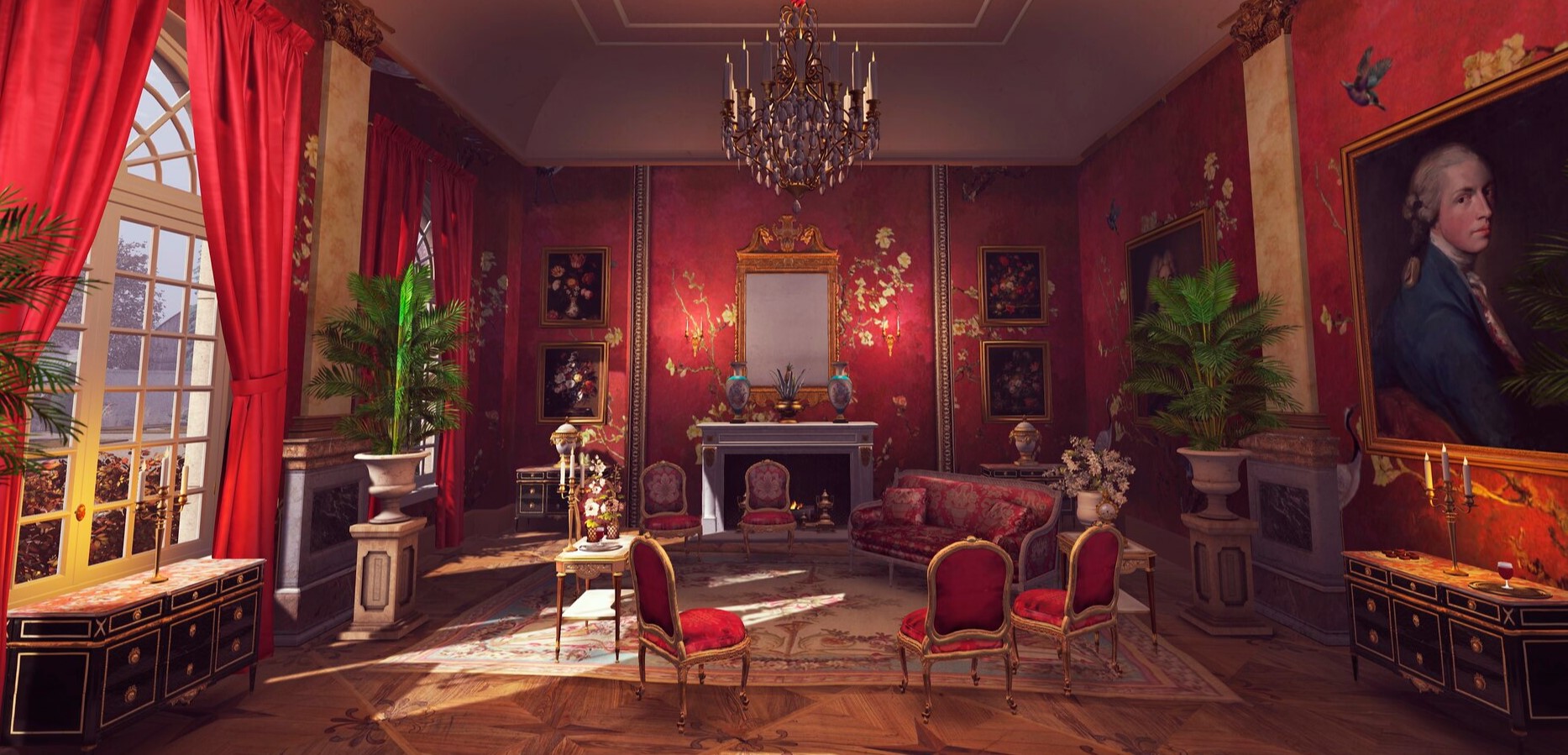 Красные оттенки в отделке и элементах мебели позволяют создать пышную дворцовую атмосферу