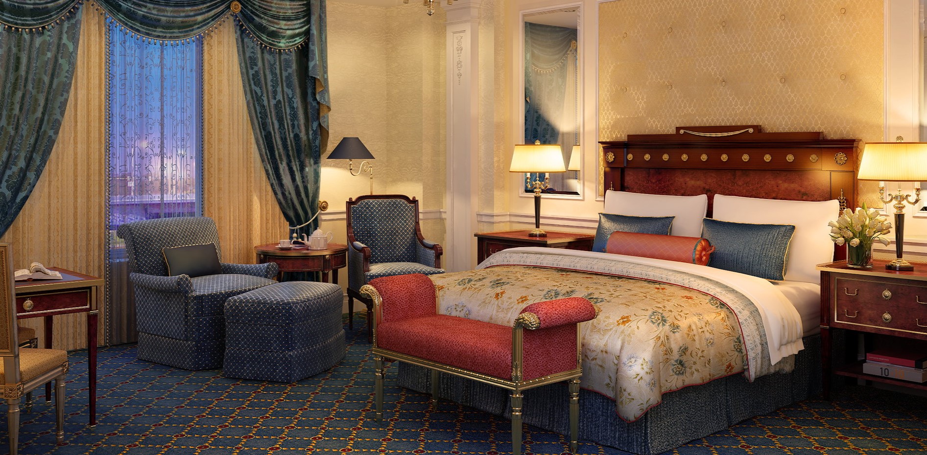 Роскошное оформление интерьера спальни в стиле барокко