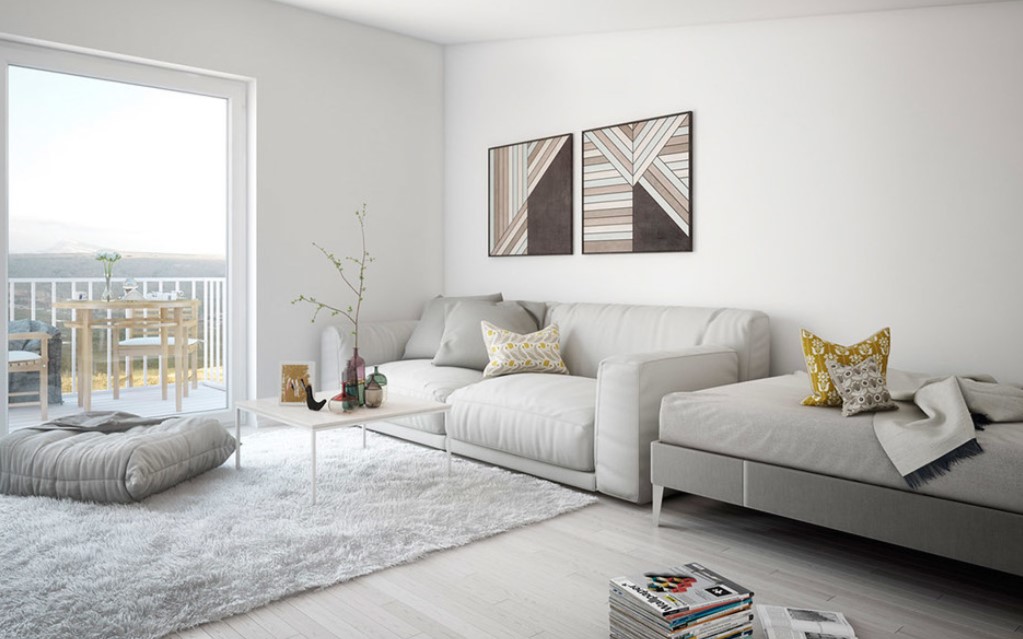 Прямой диван с серой однотонной обивкой идеально дополнит интерьер в стиле минимализм
