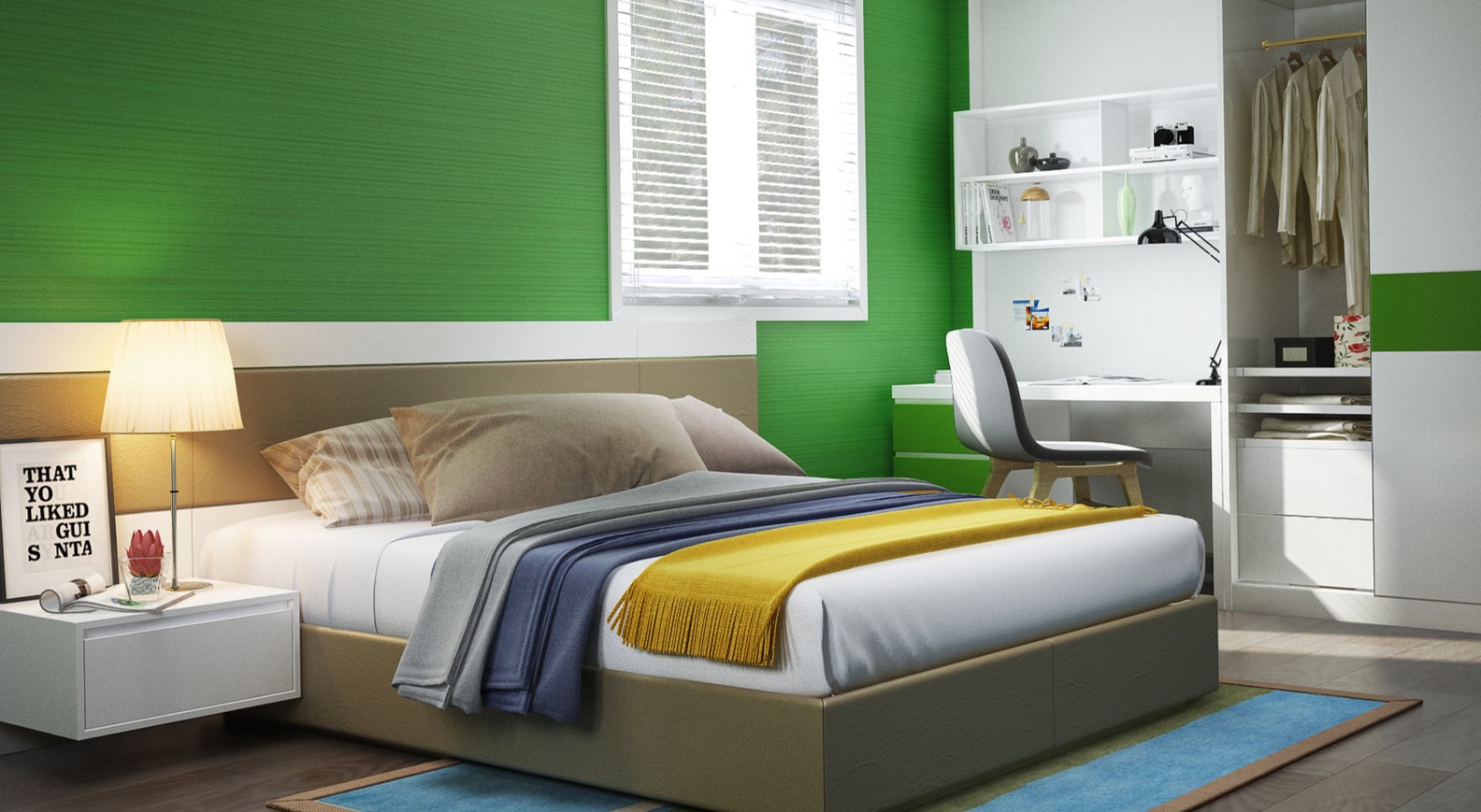 Зеленая акцентная стена в интерьере спальни