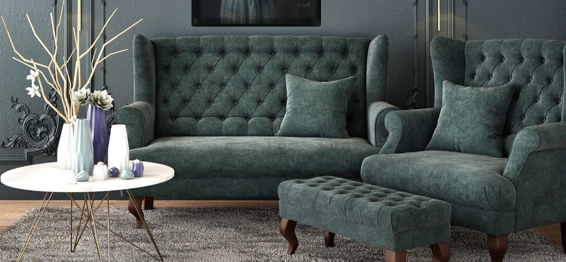 С помощью интернета можно найти кресло, диван и пуф для гостиной в одном цвете для
