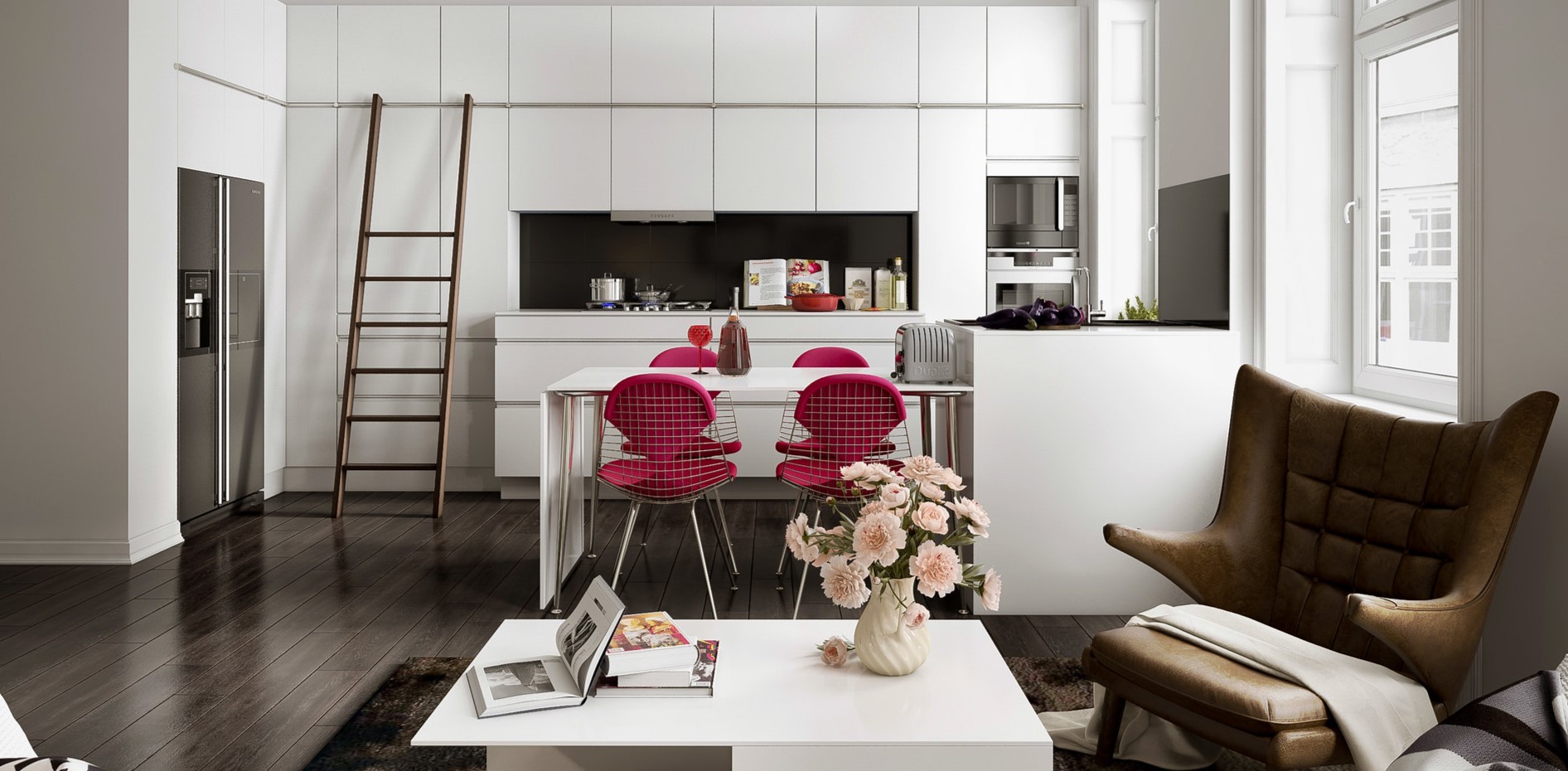 Интерьер кухни-гостиной оформлен в скандинавском стиле с использованием белого цвета