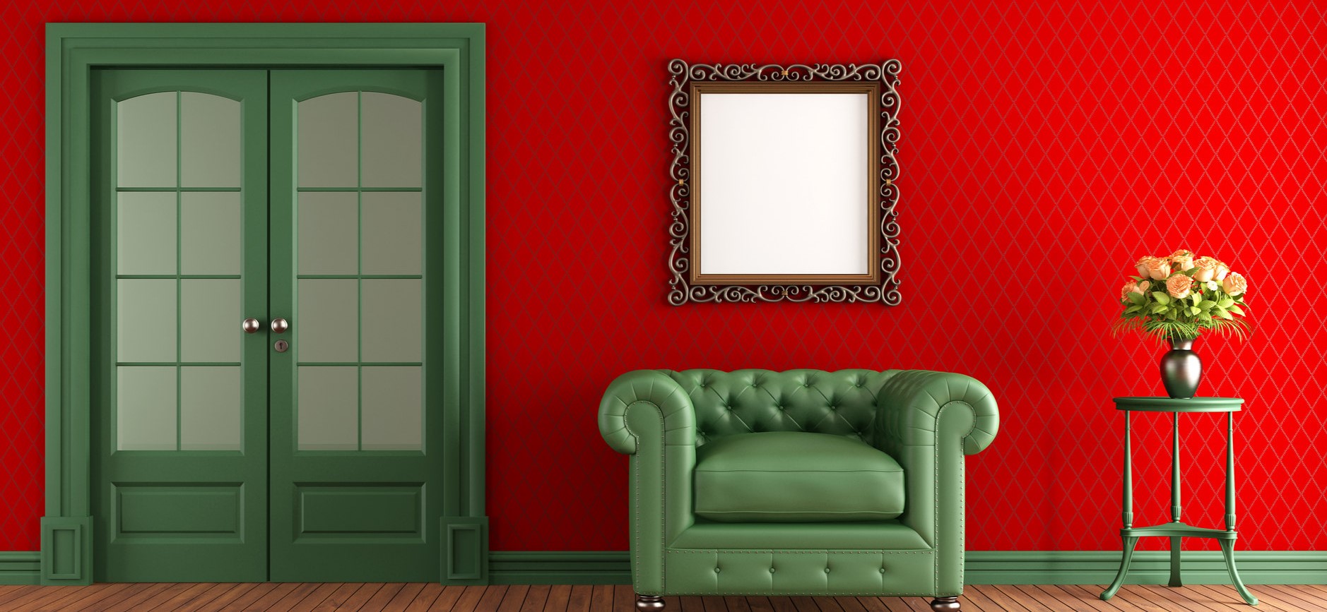 Сочетание салатового дивана с ярко-красной стеной