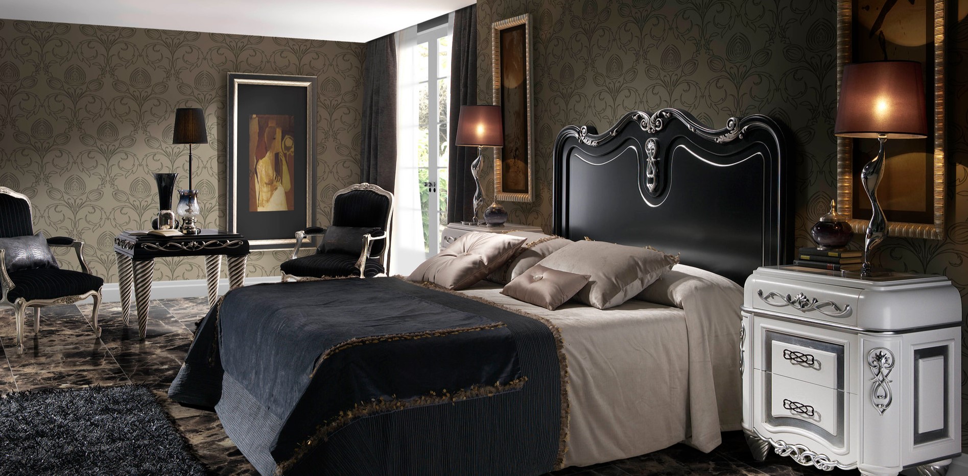 Черная мебель в интерьере спальни в классическом стиле