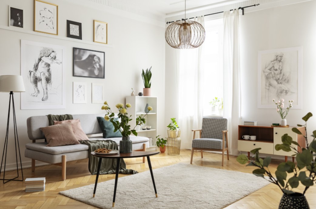Стеллаж в скандинавском интерьере можно украсить комнатными растениями