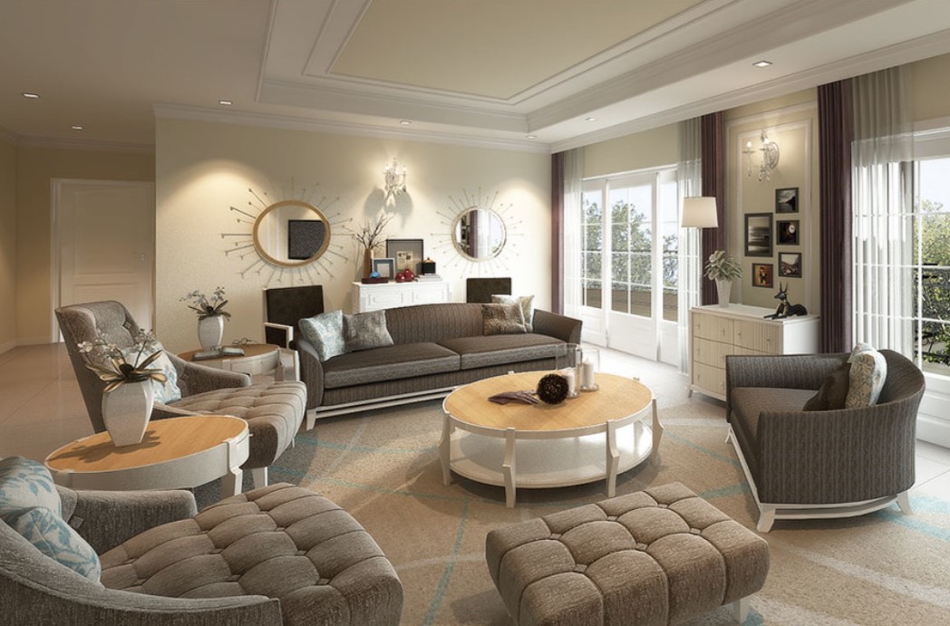Коричневый диван хорошо гармонирует с белой мебелью в гостиной