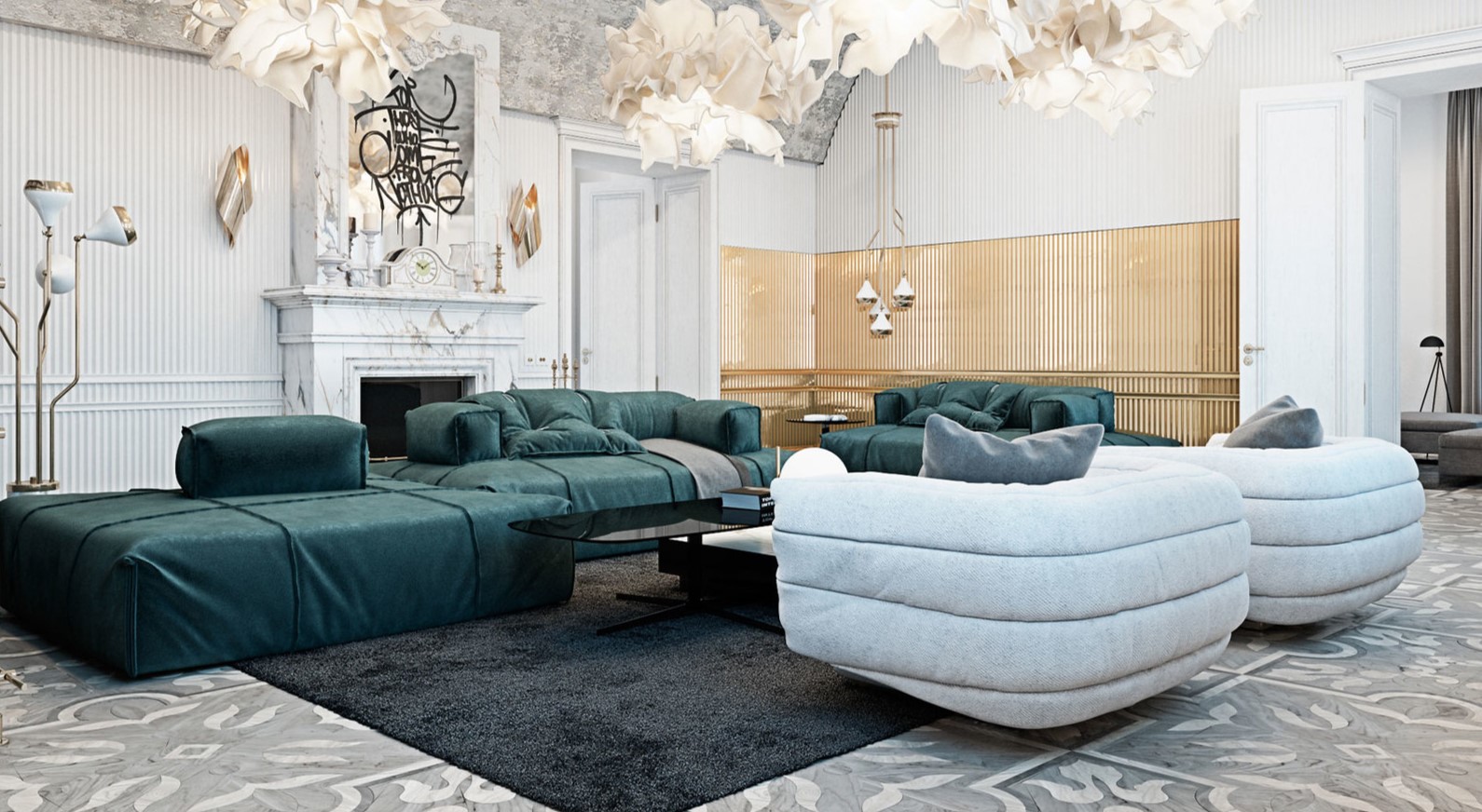 Темно-зеленый диван позволит подчеркнуть роскошное оформление гостиной