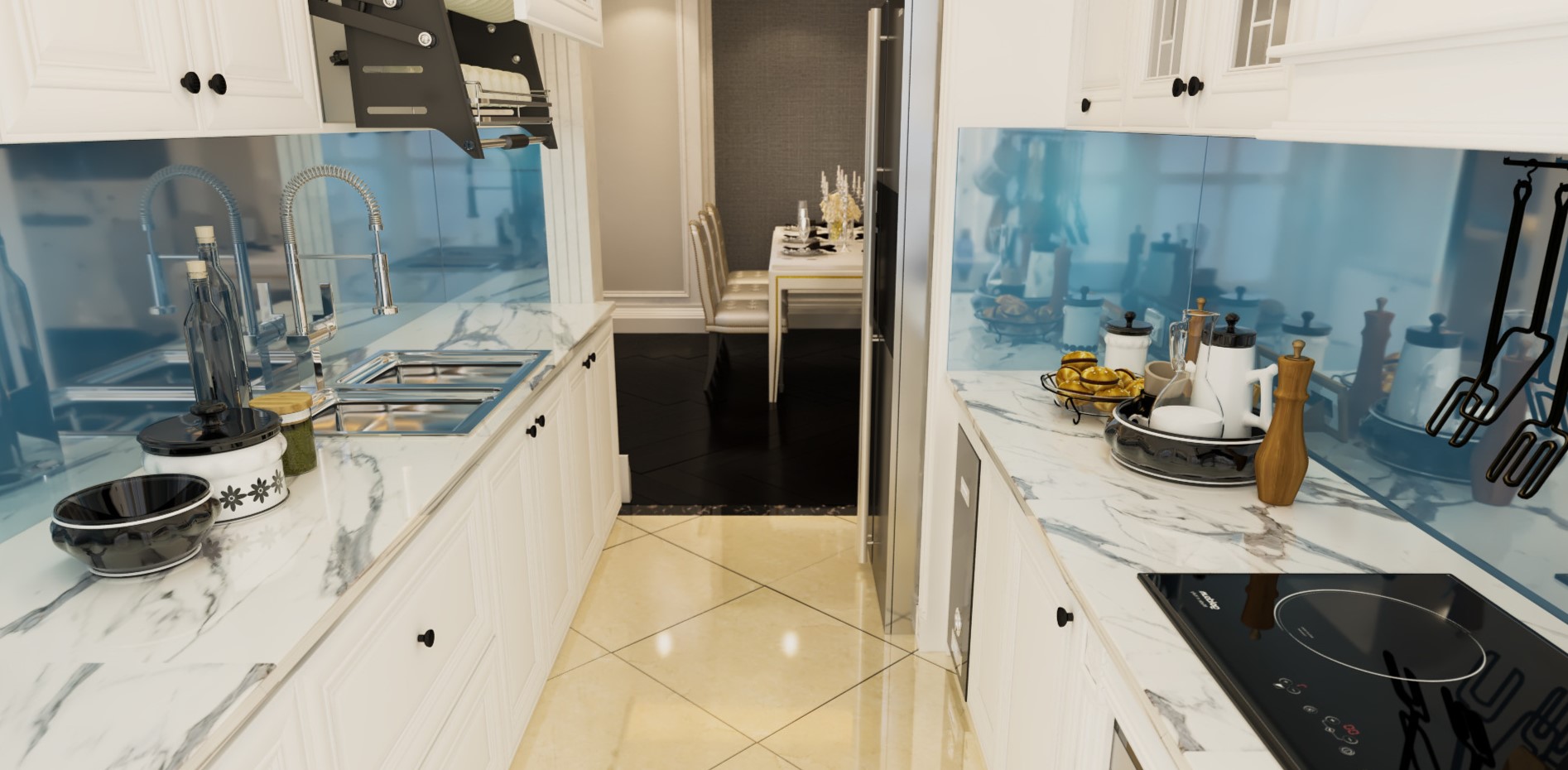 Белый кухонный гарнитур и мраморная столешница визуально расширят пространство маленькой кухни
