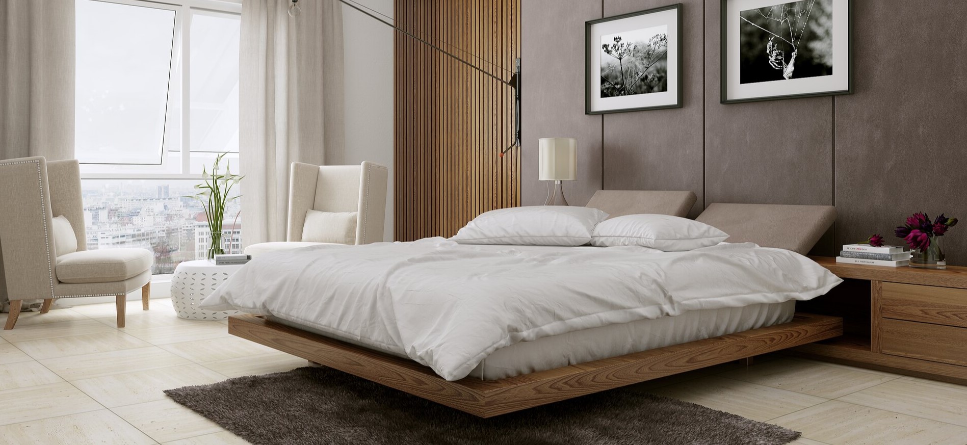 Стильная и современная кровать с дополнительными полочками для декора