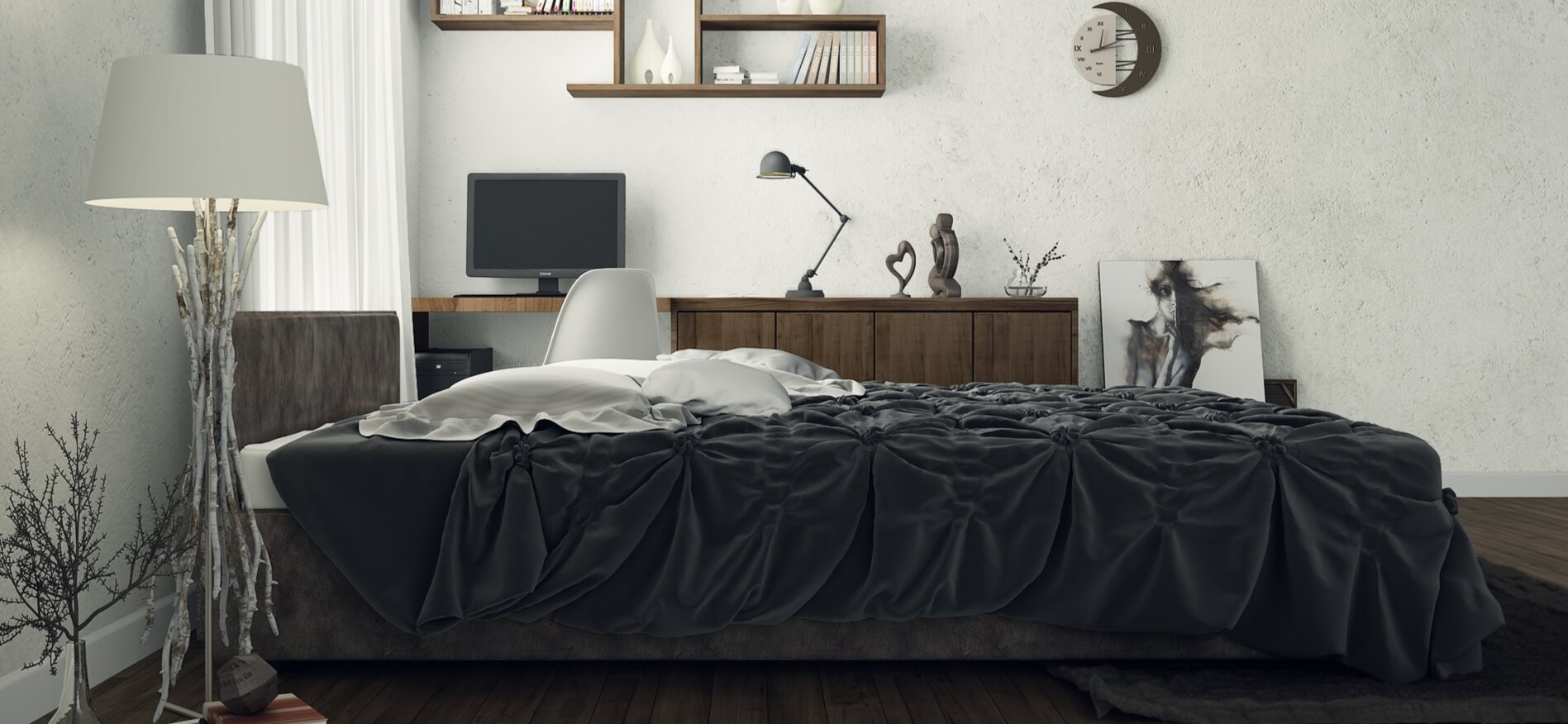 Кровать идеально подходит под современный стиль интерьера в спальне