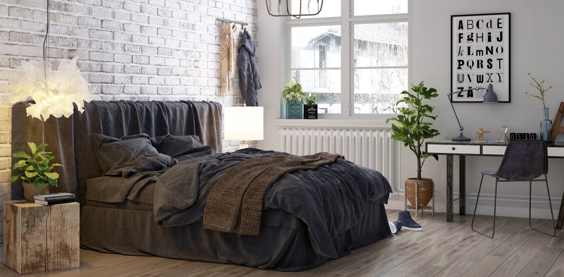 Темное постельное белье в интерьере светлой скандинавской спальни