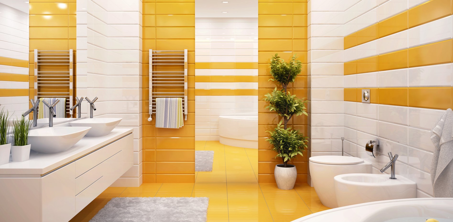 Желтый оттенок в оформлении интерьера ванной