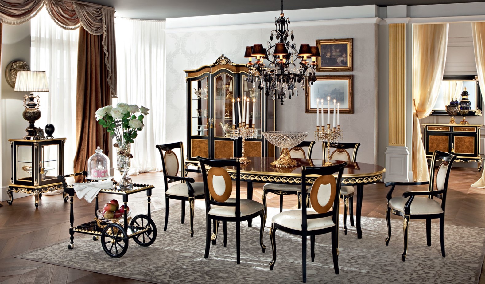 Черная мебель с золотыми узорами в интерьере гостиной
