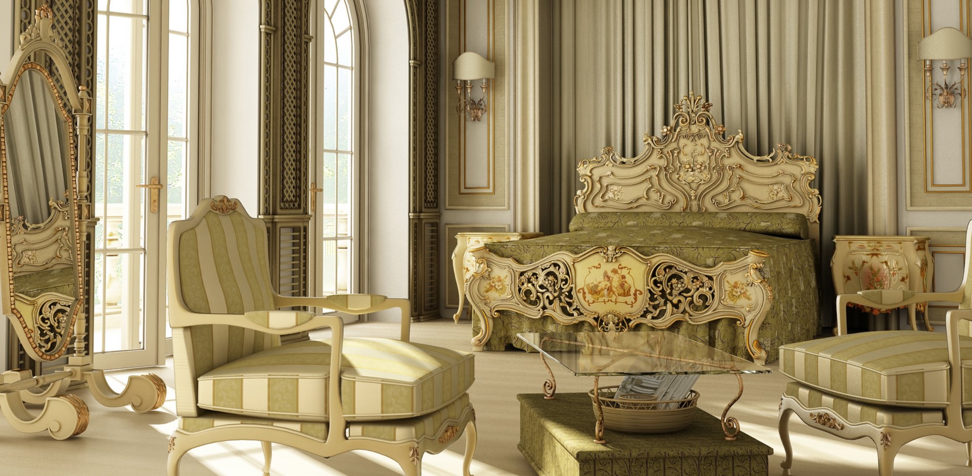 Интерьер классической спальни с золотыми оттенками