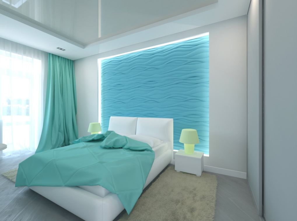 Морская тематика в спальне: эффект усиливает подсветка бирюзовых гипсовых панелей