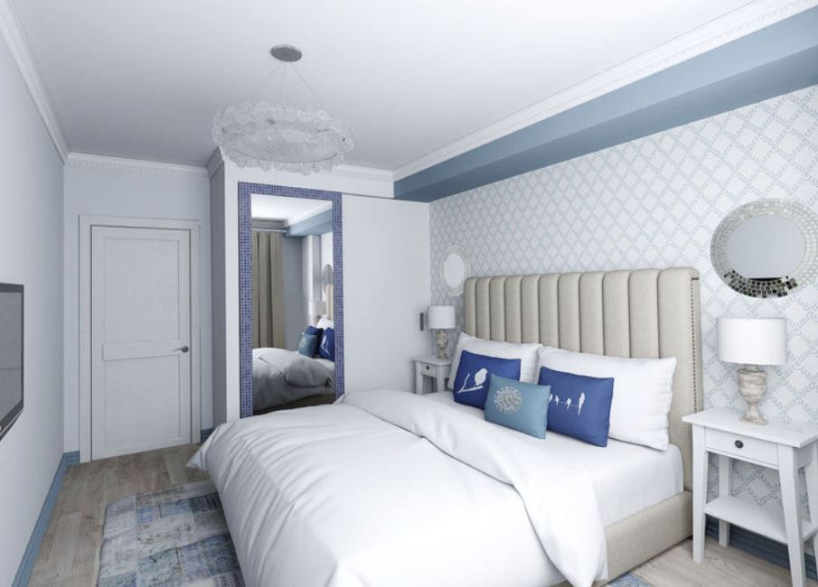 Белый и синий наиболее востребованные оттенки средиземноморской спальни