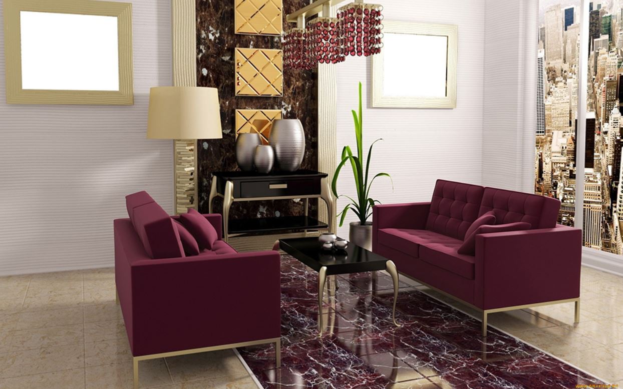 Элегантная гостиная с использованием цвета бордо
