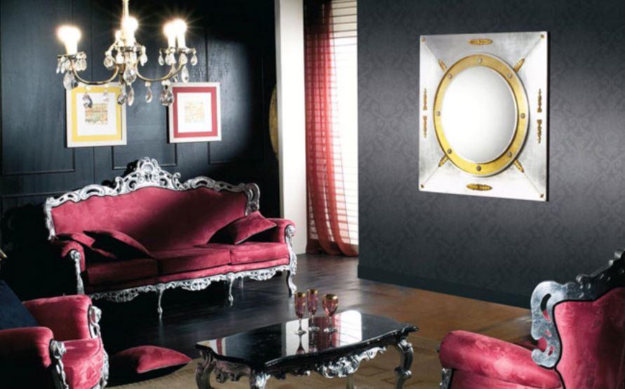Изящная комбинация бордовой мебели и темно-серых стен