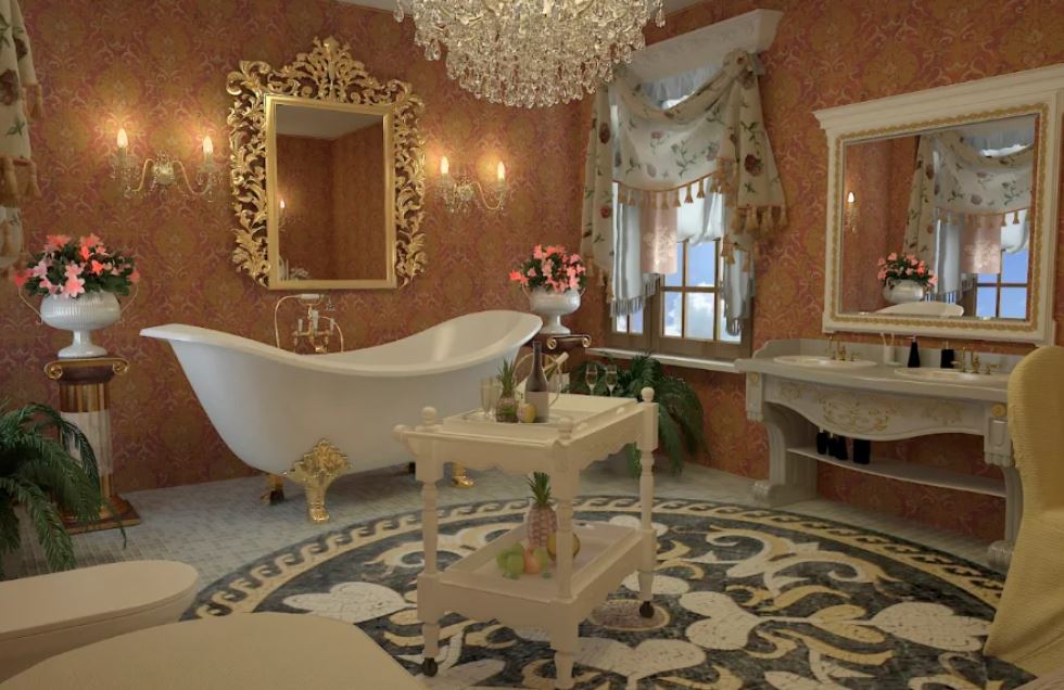Роскошная ванная с мозаичным рисунком на полу
