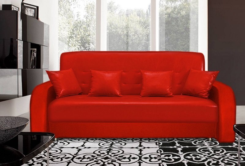 Пример зонирования комнаты с помощью ярко красного прямоугольного дивана
