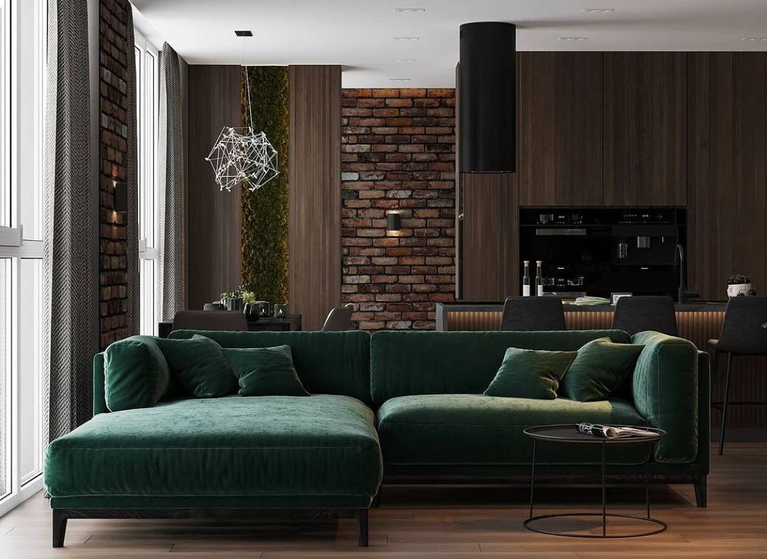 Зеленый угловой диван с велюровой обивкой