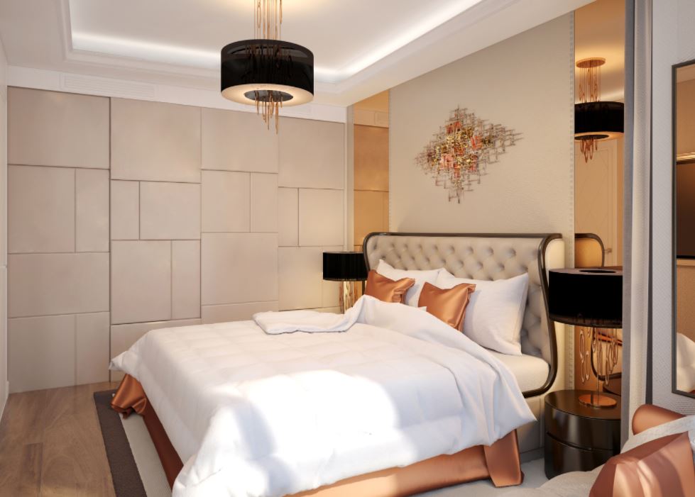 Спальня в стиле модерн выглядит роскошно несмотря на минимальную меблировку и декор