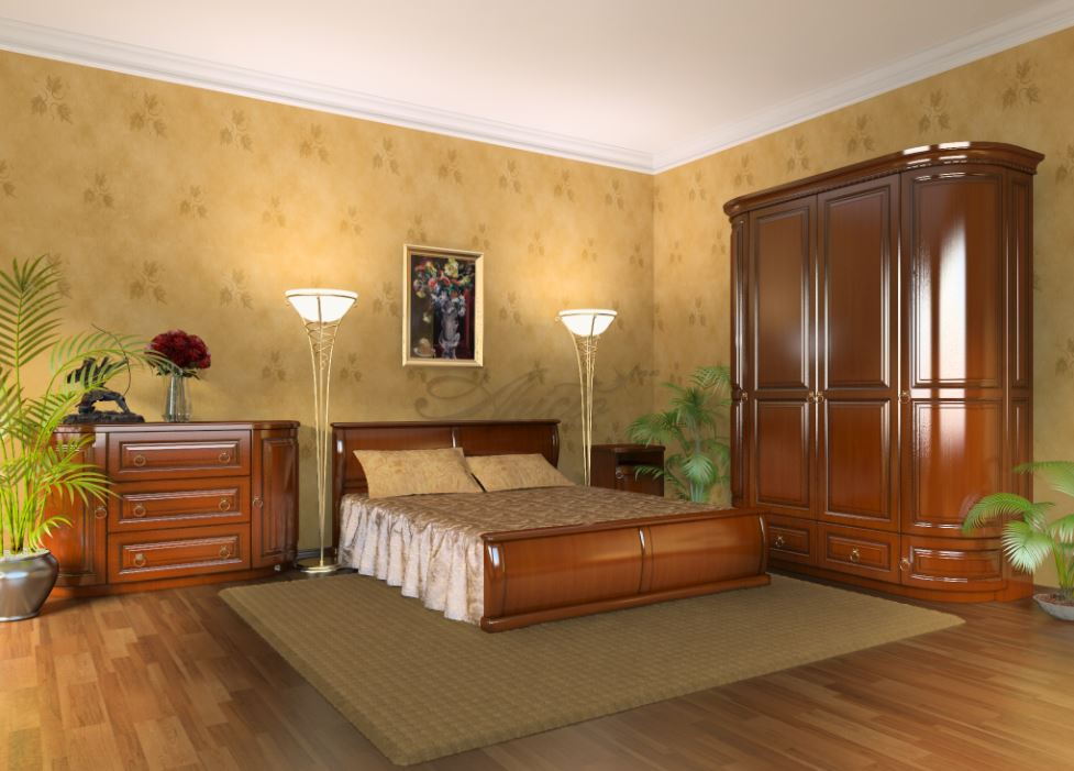 Мебельный гарнитур из натурального дерева, мягкие очертания и растительный орнамент в спальне-модерн
