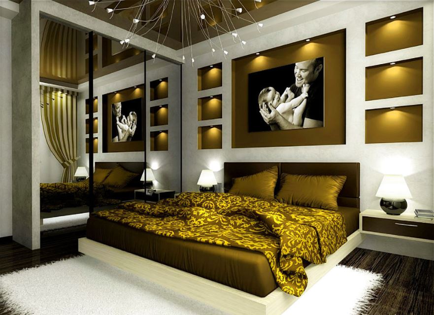 Современная спальня в стиле модерн с подвесным потолком и нишами с подсветкой по бокам кровати