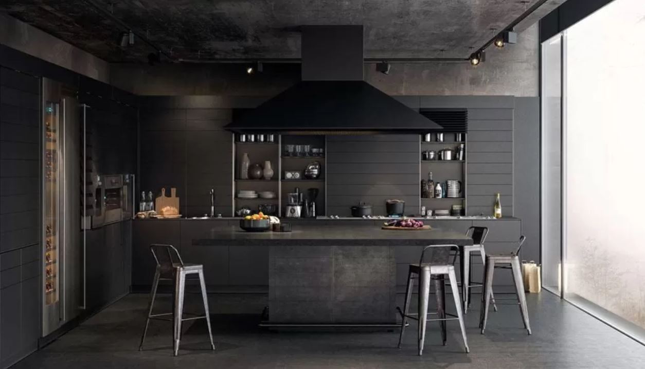 Черная кухня с панорамным окном